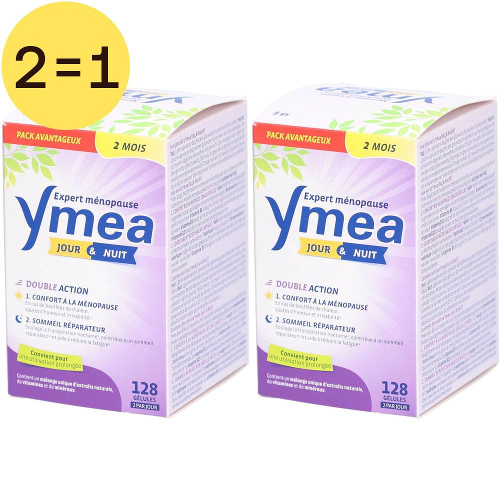 Twee dozen Ymea Jour & Nuit 2 pour 1. Opschrift: Expert menopauze, Double Action, 128 capsules.