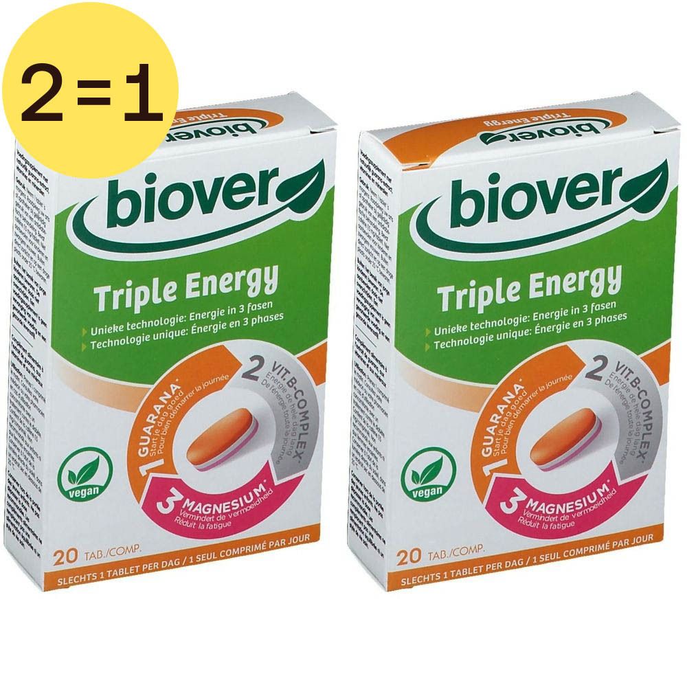 Twee dozen Biover Triple Energy. Witte verpakking met groene en oranje accenten. Tekst: Triple Energy, Guarana, Magnesium, Vit B-Complex.