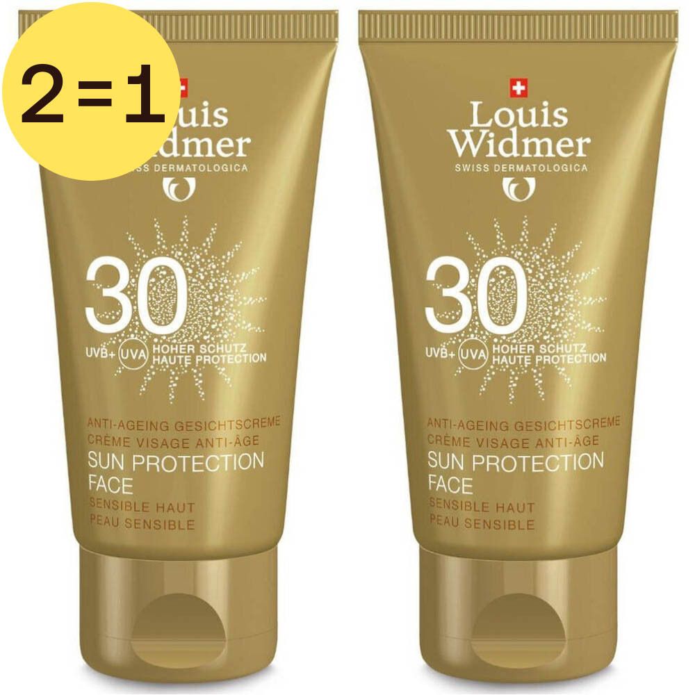 Twee gouden tubes zonnecrème. Opschrift: Louis Widmer, 30, Sun Protection Face. Geel label: 2=1.