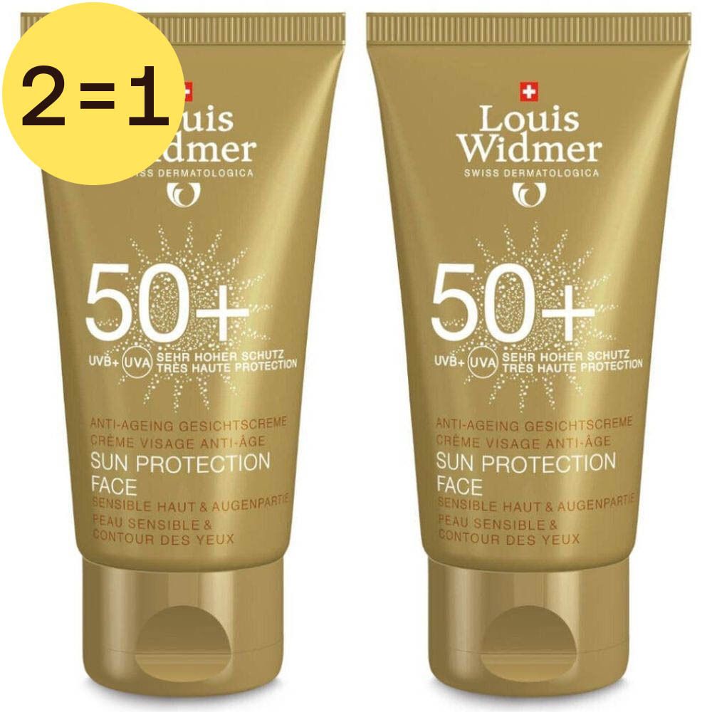 Twee goudkleurige tubes Louis Widmer zonnecrème SPF50+ met gele 2=1 sticker.