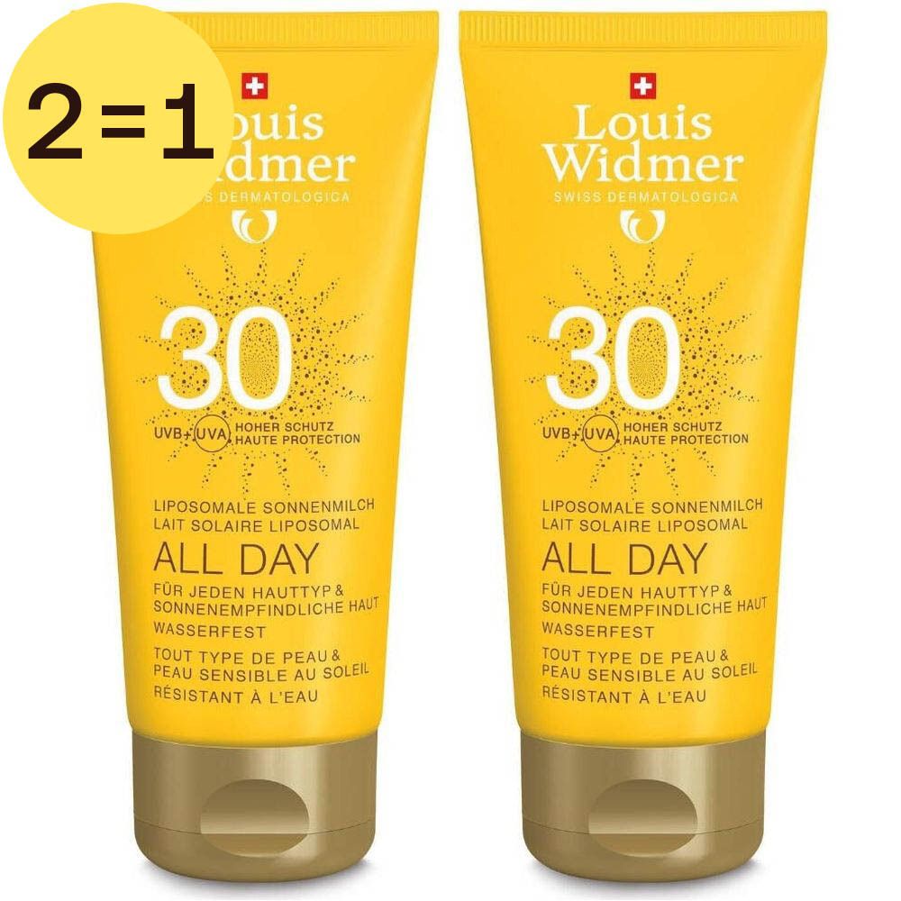 Twee gele tubes Louis Widmer All Day SPF30. Opschrift: 30, All Day, Liposomale zonnebrandmelk. 2=1 sticker.