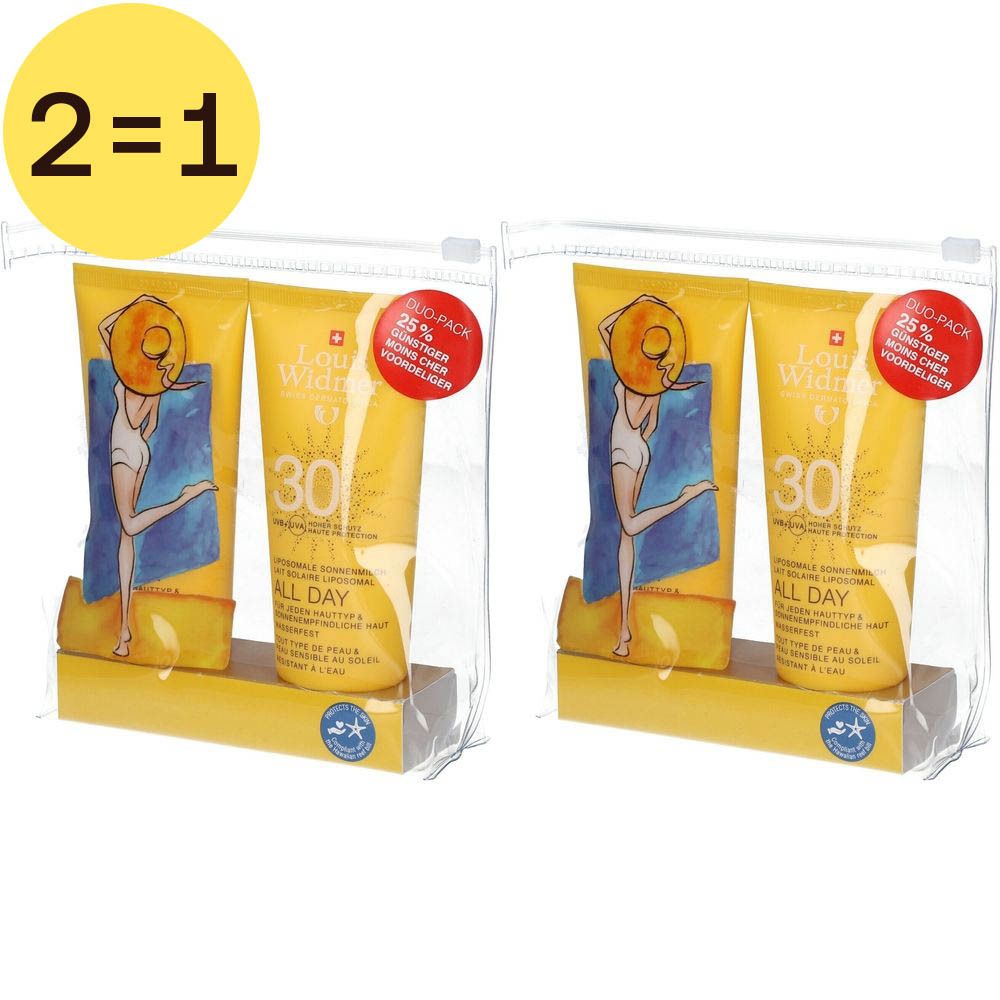 Twee gele tubes in transparante zak. Opschrift: SPF 30, All Day. Duo-Pack label.