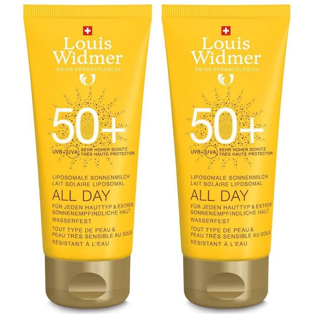 Twee gele tubes zonnecrème. Opschrift: Louis Widmer, 50+, All Day. Waterbestendig. Aanbieding: 2=1.