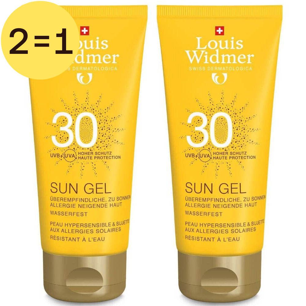 Deux tubes de Louis Widmer Sun Gel SPF30. Emballage jaune, impression blanche, indication 2=1.