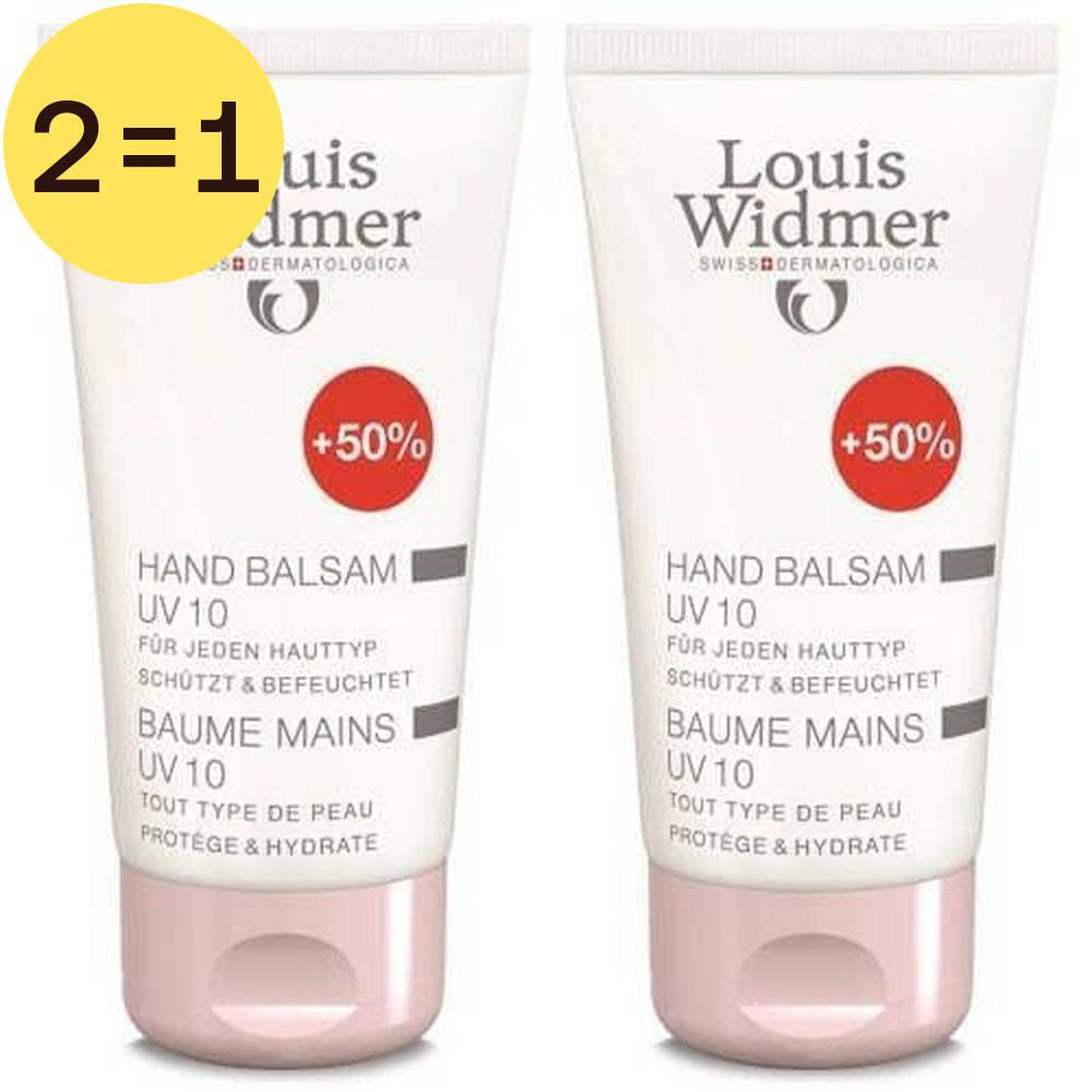 Twee tubes handbalsem met SPF10. Opschrift: Louis Widmer, Hand Balsam UV 10, +50%. Geel label 2=1.