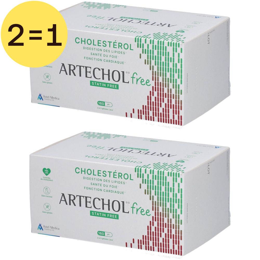 Twee witte dozen met 'ARTECHOL free'. Opschrift 'Cholesterol' en 'Statin Free'. Gele cirkel met '2=1'.