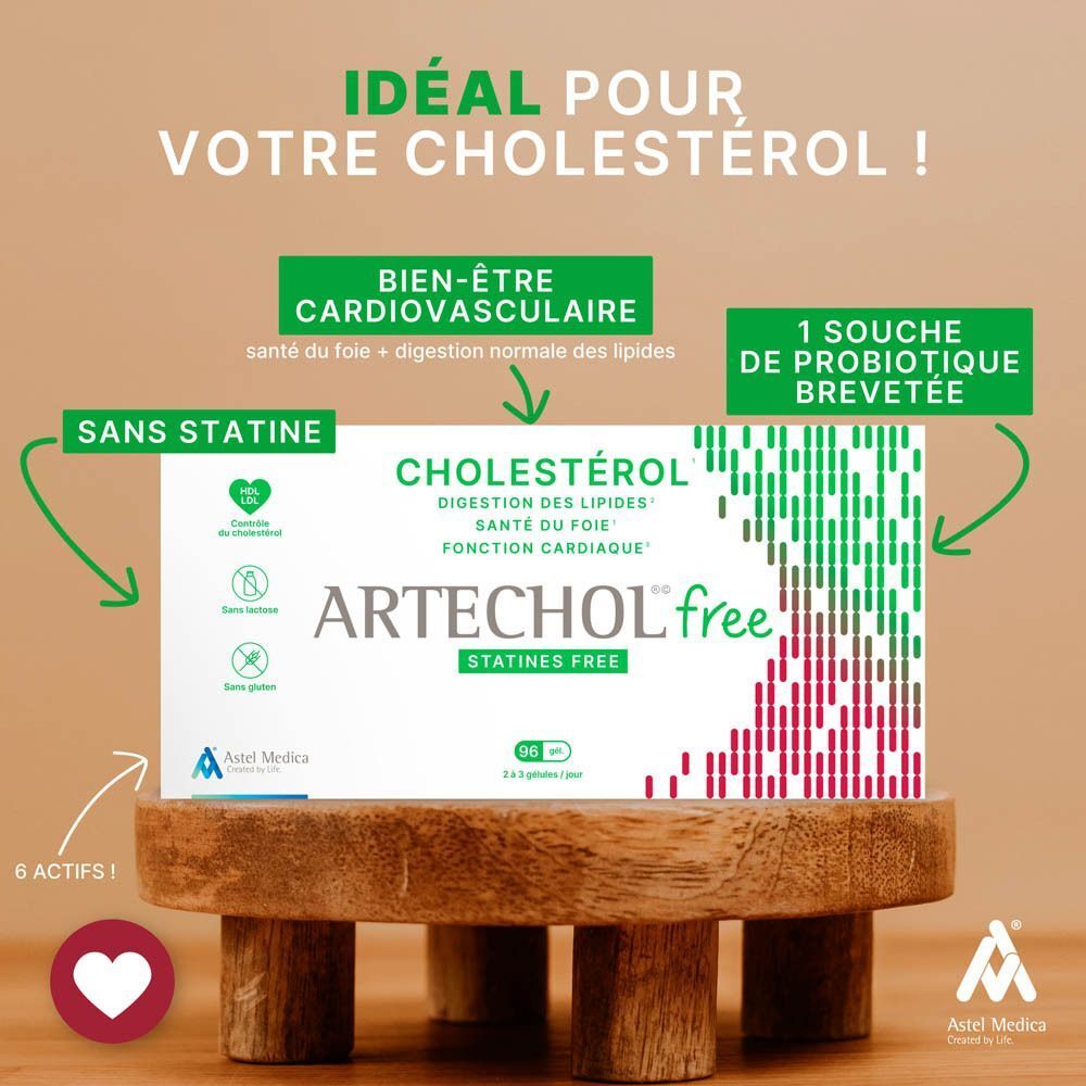 Artechol® free cholestérol sur un support en bois.