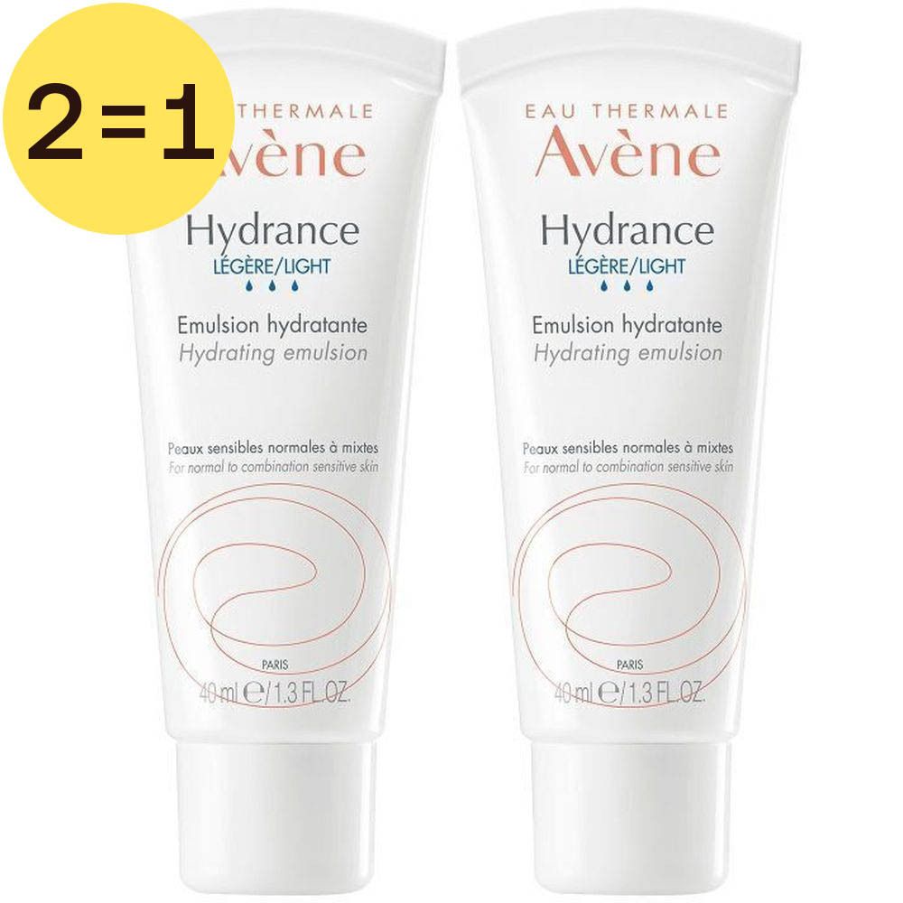 Deux tubes Avène Hydrance, emballage blanc, texte bleu: Hydrance Légère, Emulsion hydratante. Étiquette jaune 2=1.