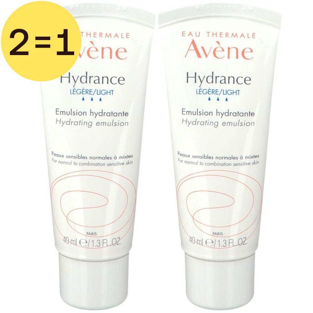 Deux tubes Avène Hydrance, emballage blanc, texte bleu: Hydrance Légère, Emulsion hydratante. Étiquette jaune 2=1.