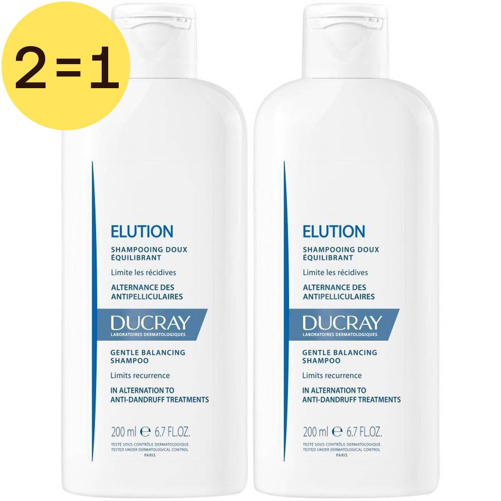 Twee witte flessen Ducray Elution shampoo. Blauwe etiketten met tekst. Gele sticker: 2=1.