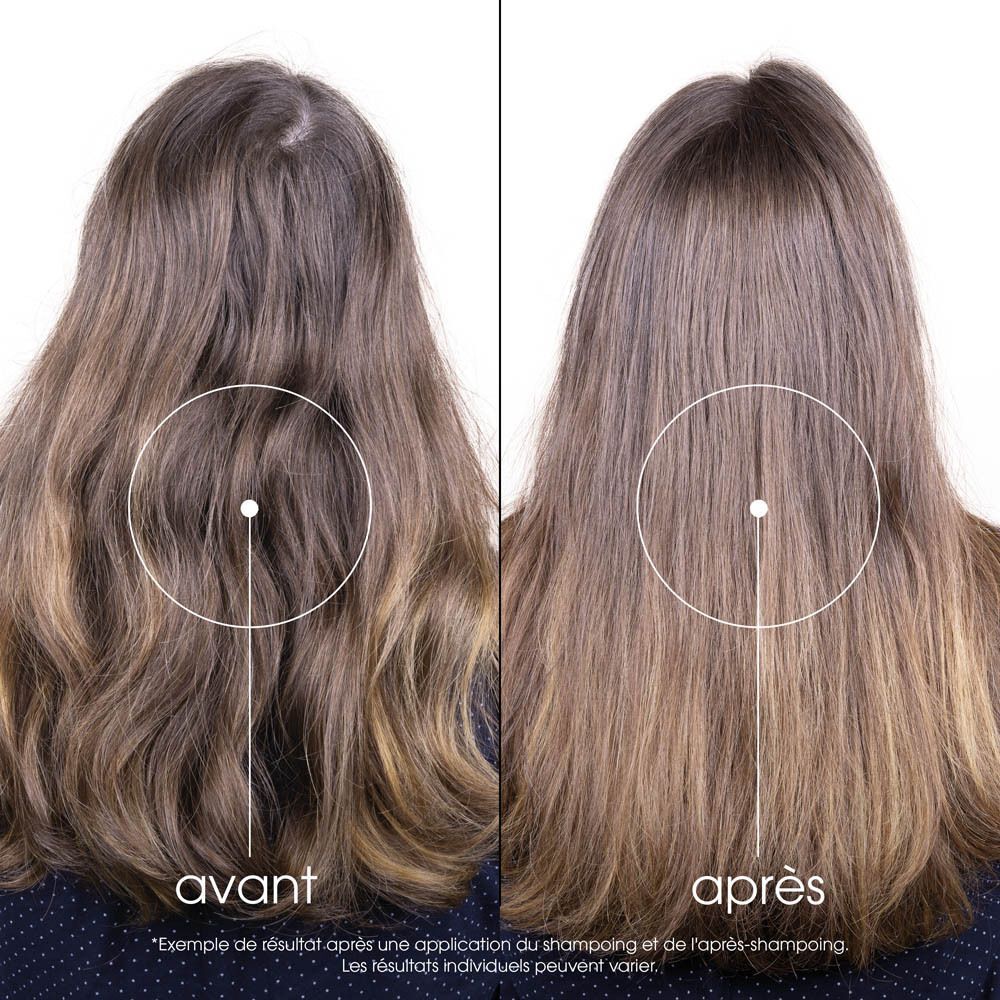 Comparaison avant-après des cheveux. Gauche : avant. Droite : après. Cheveux : ondulés, bruns. Fond : blanc.