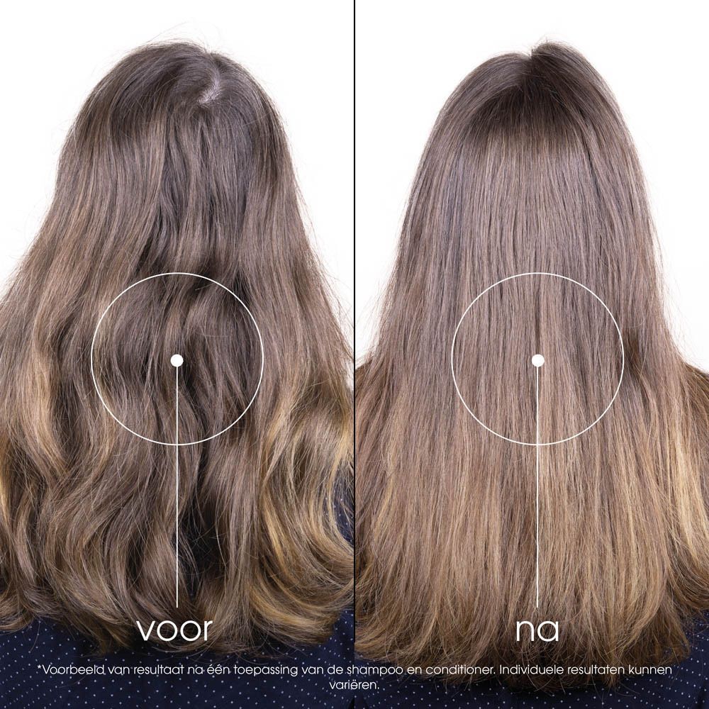 Voor-en-na vergelijking van haar. Links: voor. Rechts: na. Haar: golvend, bruin. Achtergrond: wit.