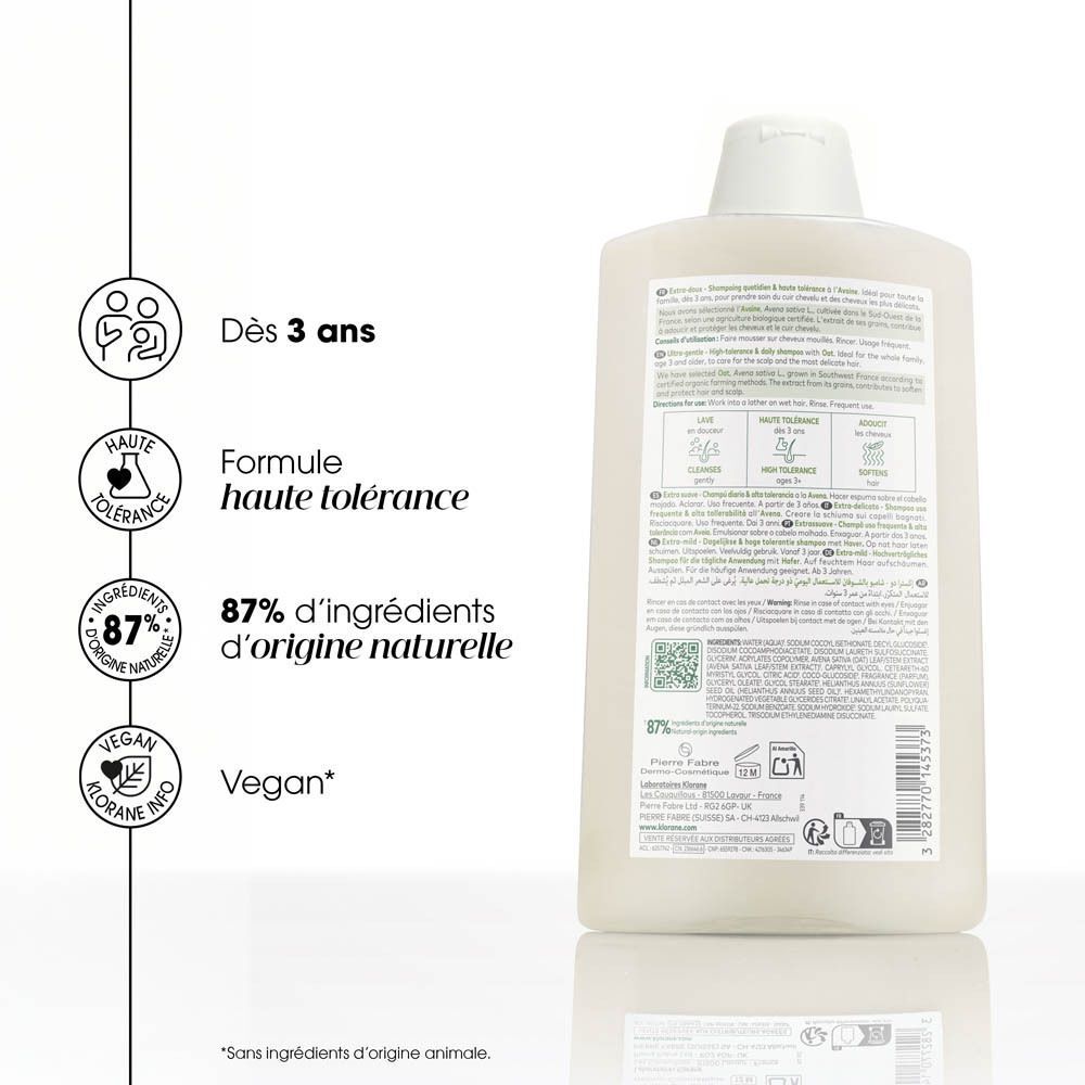 Dos d'un flacon de shampooing. Blanc. Texte et symboles. Marque : KLORANE. Informations sur les ingrédients et certifications.