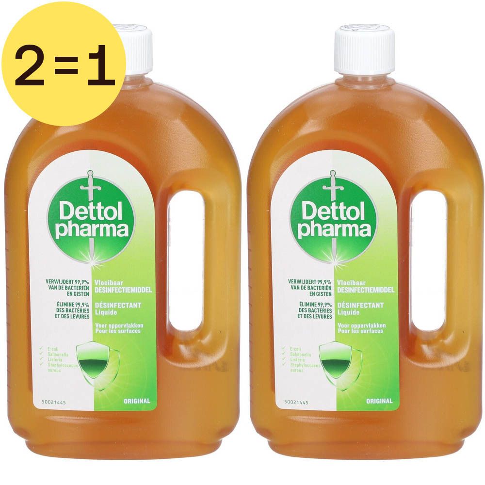 Deux flacons de Dettol Pharma Désinfectant Liquide 2 pour 1. Liquide ambré dans des bouteilles transparentes. Étiquette verte avec logo et texte.