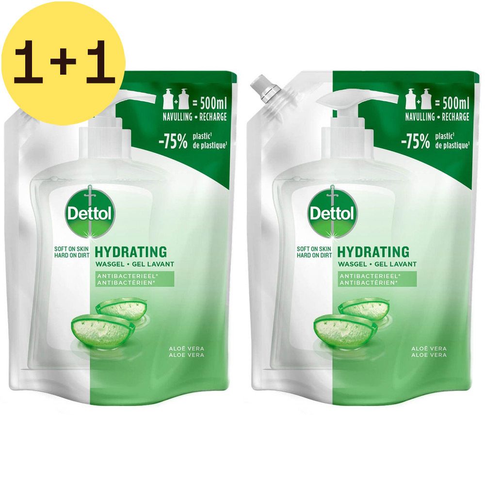 Deux recharges Dettol Hydrating Gel Lavant. Emballage blanc avec logo vert et motif aloe vera. Texte : Antibactérien.