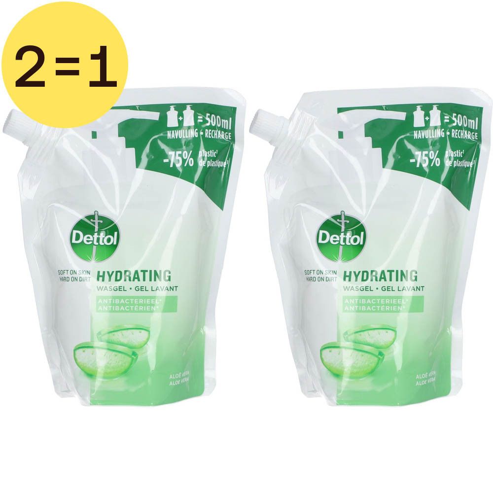 Twee navulverpakkingen Dettol Hydrating Wasgel. Witte verpakking met groen logo en aloë vera-motief. Tekst: Antibacterieel.