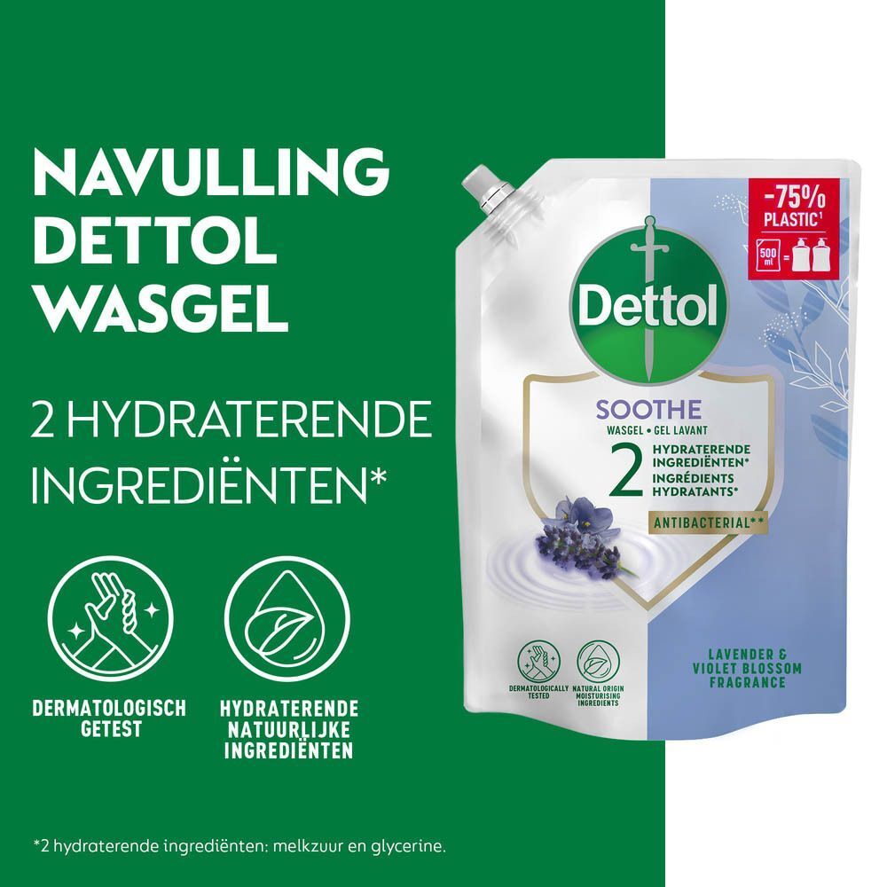 Dettol Soothe Wasgel, lavendel en viooltjesbloesem. Antibacterieel. Groene verpakking met productafbeelding en tekst.