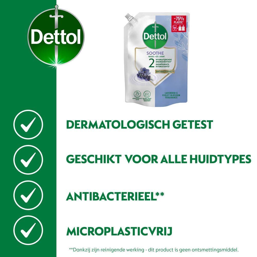 Dettol Soothe Wasgel. Dermatologisch getest, geschikt voor alle huidtypes, antibacterieel, microplasticvrij.