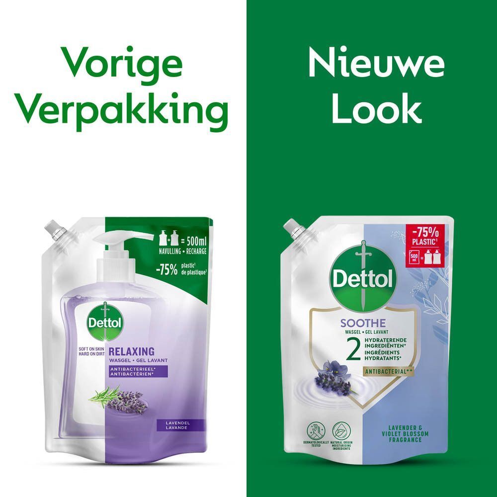 Vergelijking: Dettol Relaxing Wasgel en Dettol Soothe Wasgel. Nieuwe look. Groene en witte elementen.