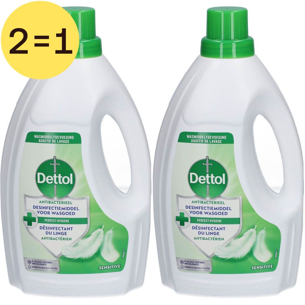 Deux bouteilles blanches avec bouchons verts. Logo Dettol et nom du produit. Autocollant "2=1".