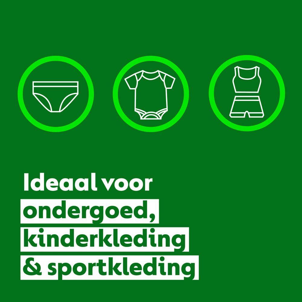 Groene achtergrond met symbolen voor ondergoed, babykleding en sportkleding. Tekst: Ideaal voor ondergoed, kinderkleding & sportkleding.