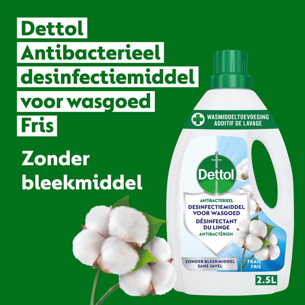 Dettol fles met groene dop en etiket. Tekst: Antibacterieel, desinfectiemiddel voor wasgoed, zonder bleekmiddel, fris.