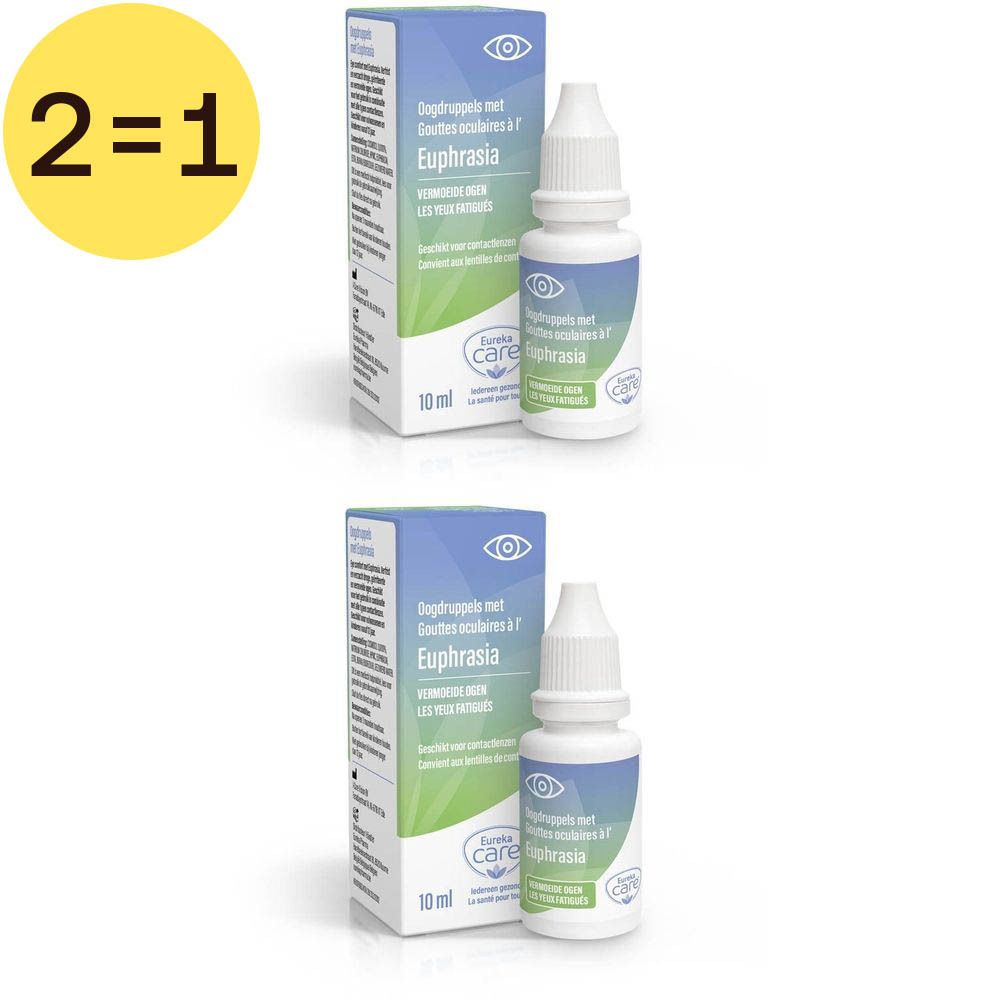 Twee verpakkingen met oogdruppels en flesjes. Opschrift: Euphrasia, Eureka Care. Gele cirkel: 2=1. 10 ml.