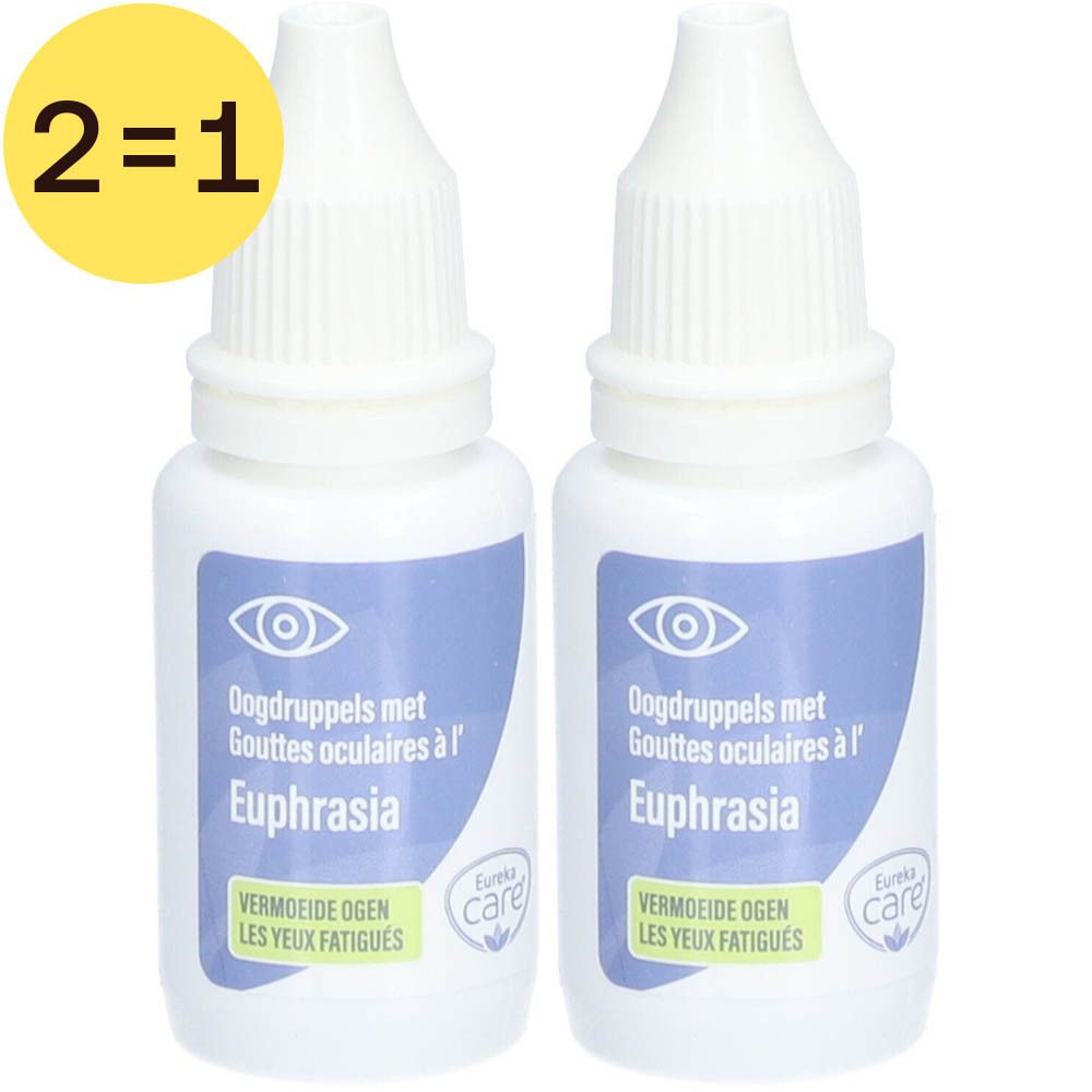 Twee witte oogdruppelflesjes met blauwe tekst. Opschrift: Euphrasia, Eureka Care. Gele cirkel: 2=1.