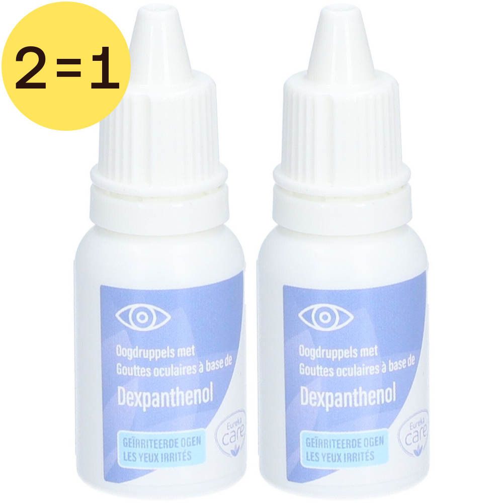 Twee witte oogdruppelflesjes met blauwe etiketten. Opschrift: Dexpanthenol. Geel 2=1-symbool.