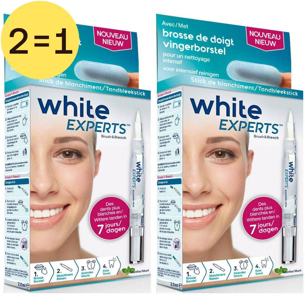 Twee verpakkingen White Experts Bleekstift met vingerborstel. Opschrift 2=1. Afbeelding van een lachend gezicht op de verpakking.