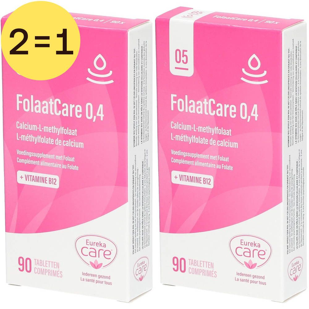 Twee verpakkingen Eureka Care® FolaatCare 0,4. Roze verpakking met witte tekst. Opschrift: + VITAMINE B12. 2=1 sticker.