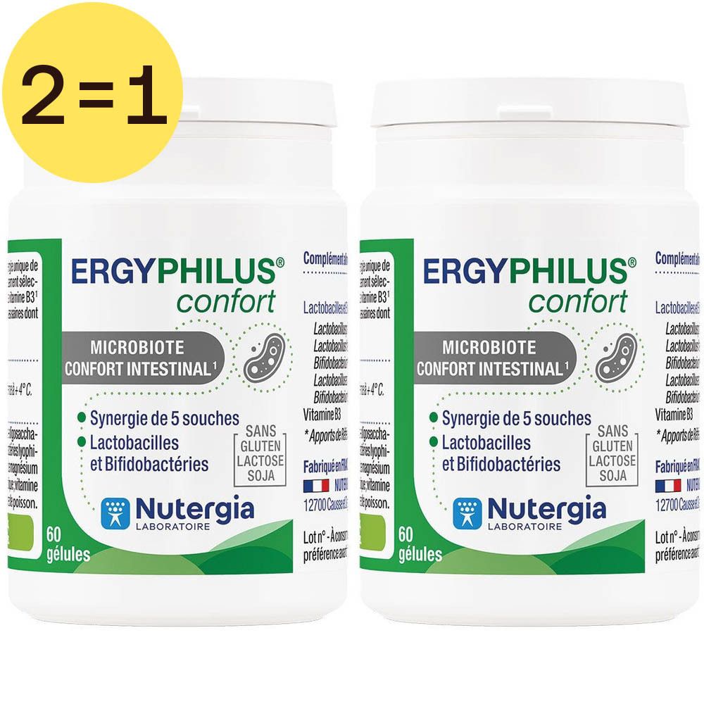 Twee flessen Ergyphilus Confort. Witte flessen met groene en blauwe etiketten. Tekst: Nutergia, 60 capsules.