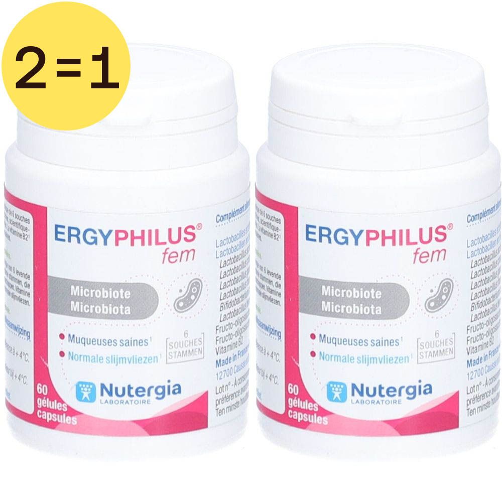Twee witte flessen met roze etiketten. Opschrift: Ergyphilus fem, Microbiote, 60 capsules. Merk: Nutergia.