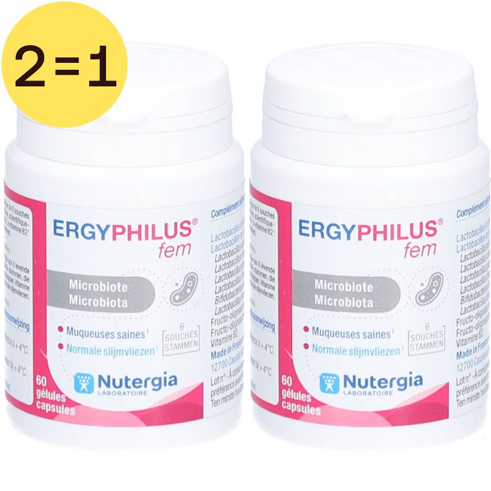 Twee witte flessen met roze etiketten. Opschrift: Ergyphilus fem, Microbiote, 60 capsules. Merk: Nutergia.