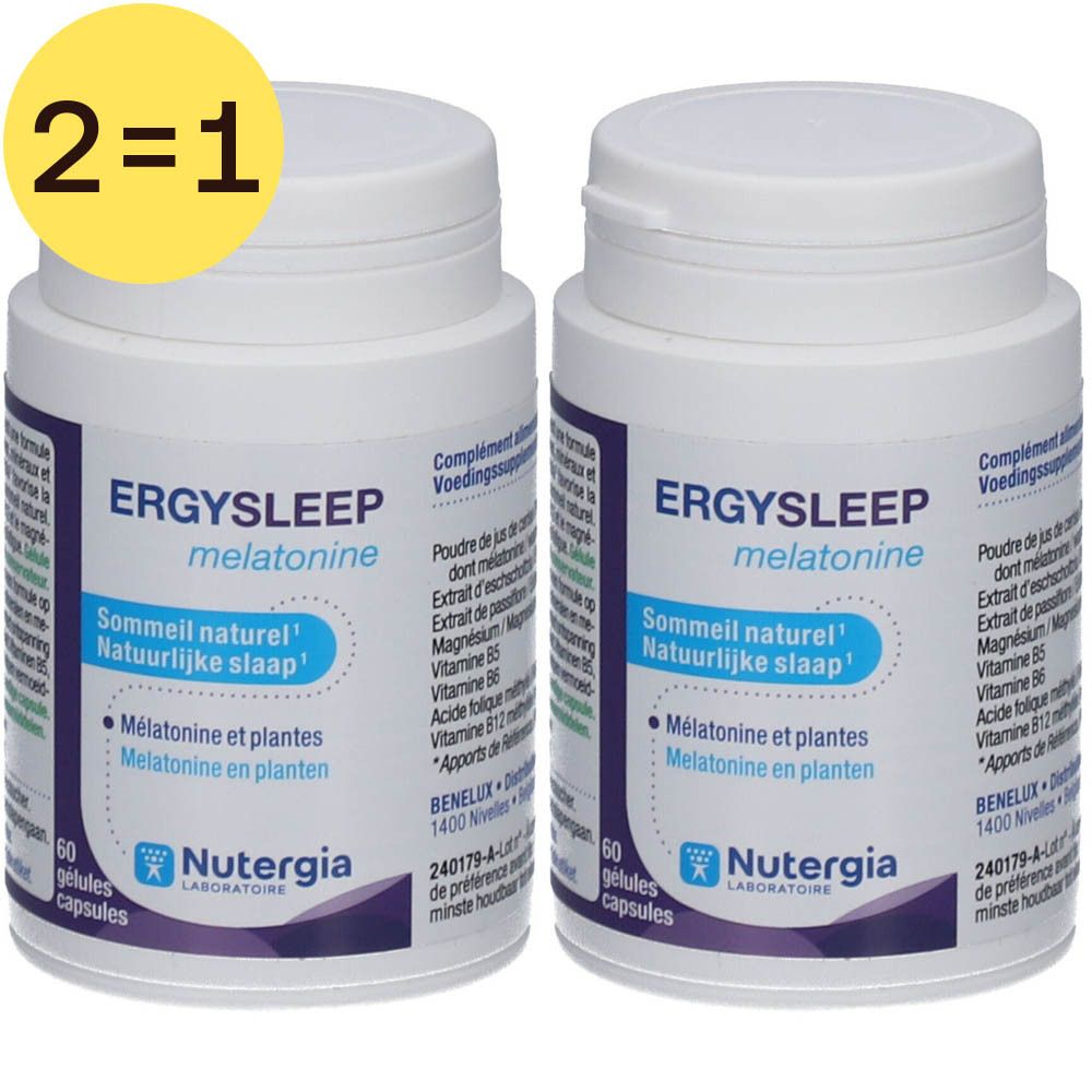 Twee witte flessen met etiket. Opschrift: Ergysleep Melatonine, 60 capsules. Merk: Nutergia.