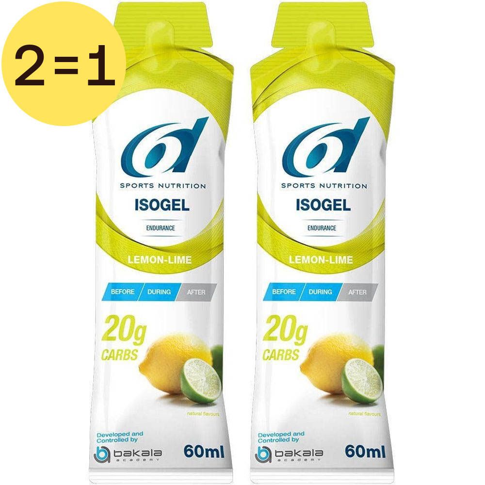 Deux sachets Isogel 6D Sports Nutrition. Emballage jaune-vert avec texte: Isogel, Lemon-Lime, 20g Carbs, 60ml.