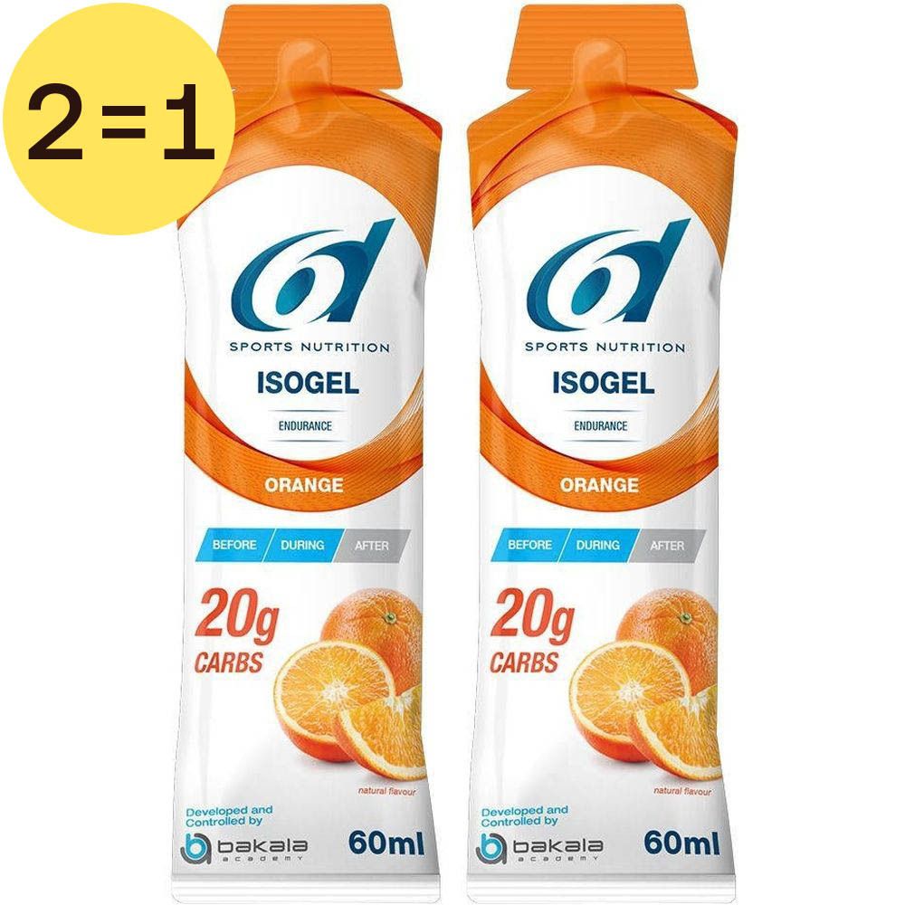 Twee 6D Sports Nutrition Isogel Orange zakjes. Opschrift: 20g koolhydraten, 60ml. Met afbeelding van sinaasappels.