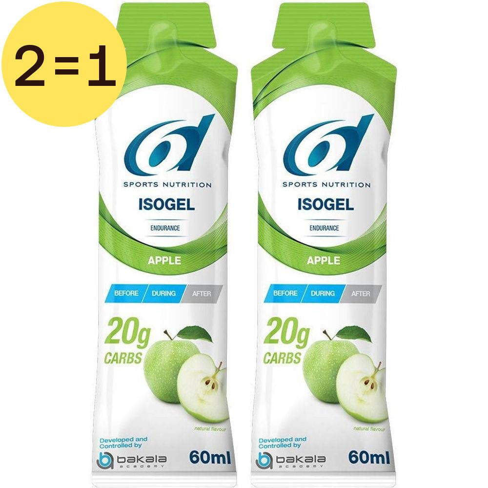Deux sachets verts 6D Sports Nutrition Isogel avec illustration de pomme. Texte: Isogel, 20g glucides, 2=1.