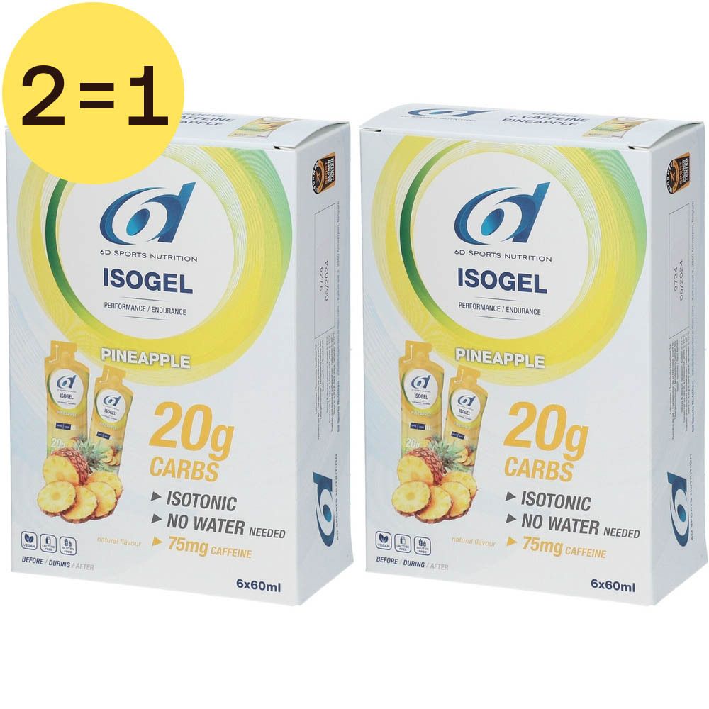 Deux boîtes de 6D Sports Nutrition Isogel Ananas. Inscription : 20g glucides, isotonique, sans eau, 75mg caféine.