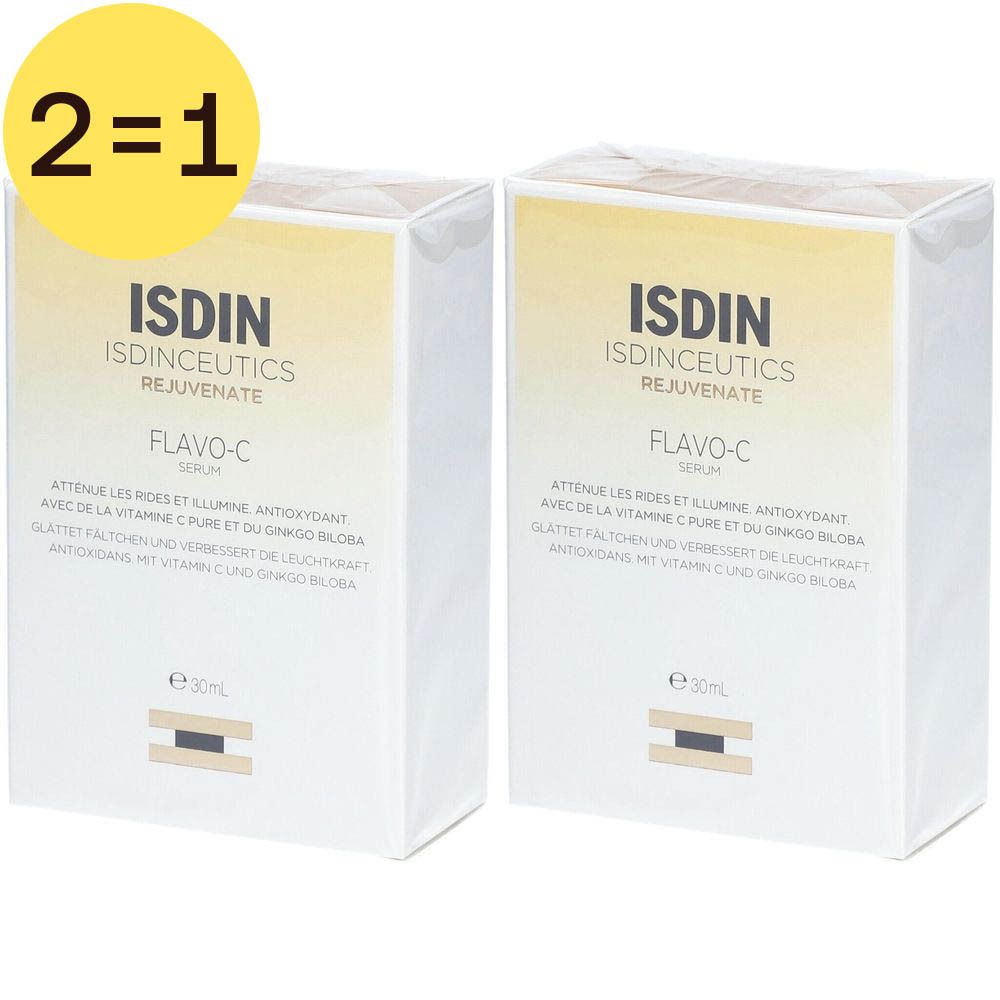 Twee witte dozen van ISDIN Isdinceutics Flavo-C Serum. Tekst: 'Rejuvenate', 'Serum', 'Antioxidant'. Gele sticker: '2=1'.