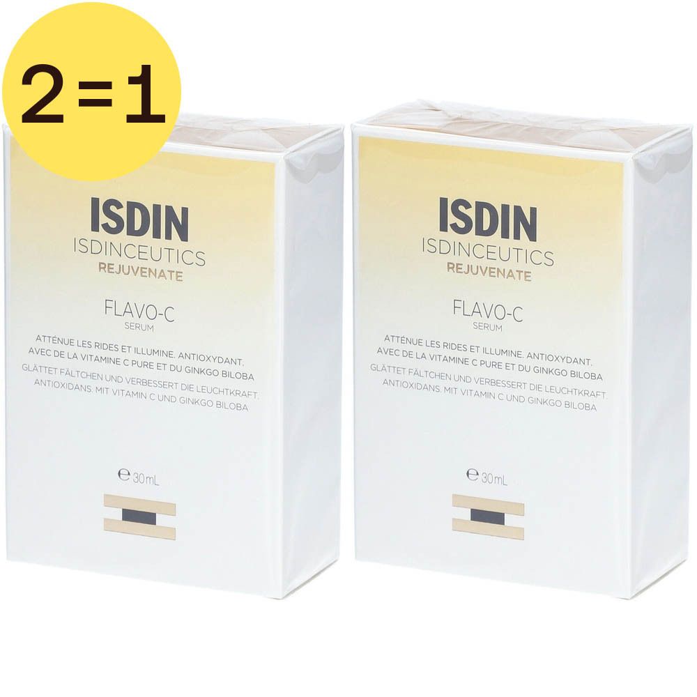 Twee witte dozen van ISDIN Isdinceutics Flavo-C Serum. Tekst: 'Rejuvenate', 'Serum', 'Antioxidant'. Gele sticker: '2=1'.