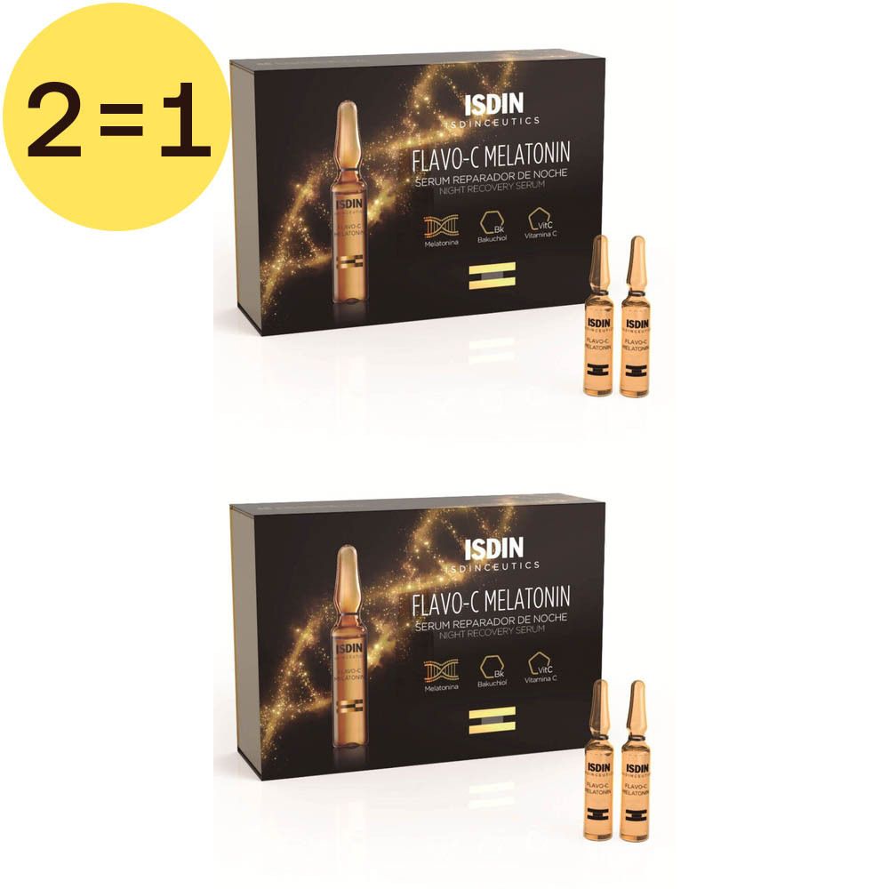 Verpakking van ISDIN Flavo-C Melatonin. Twee dozen met ampullen en productnaam.