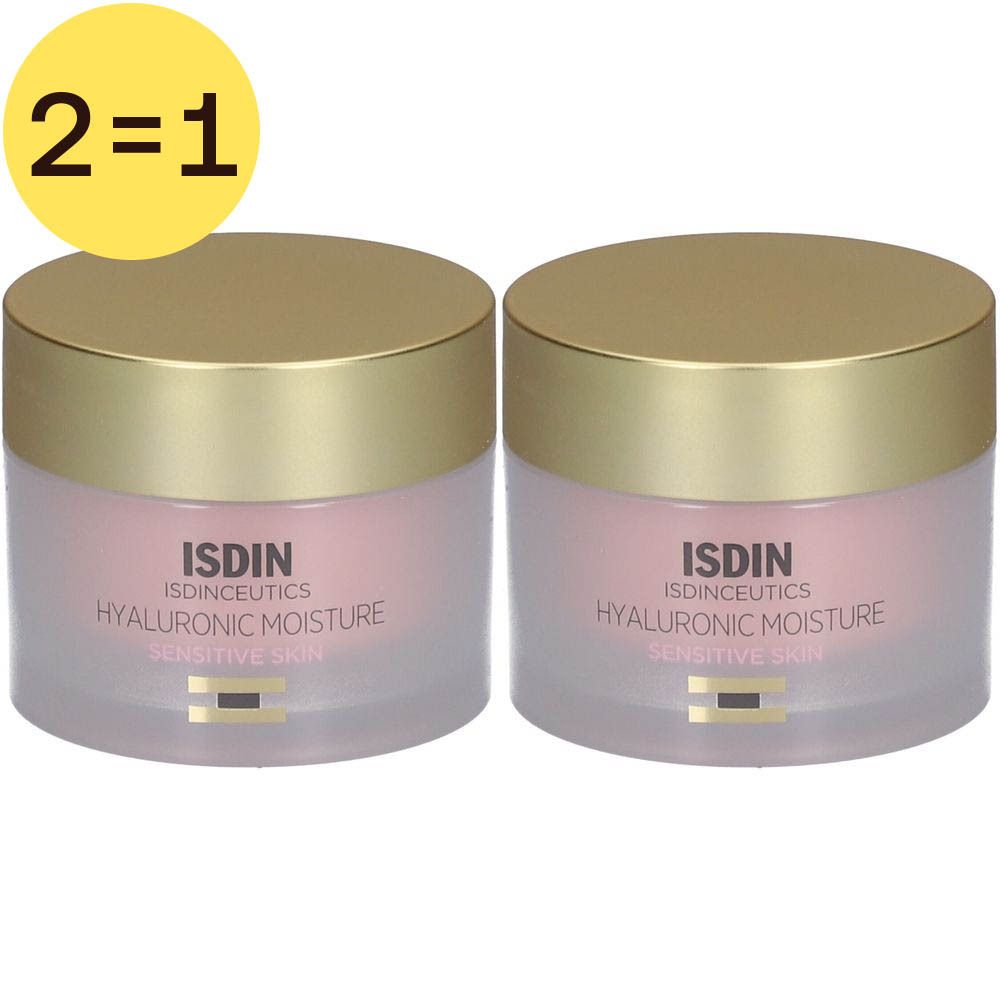 Twee potten ISDIN Isdinceutics Hyaluronic Moisture. Gouden deksels, roze inhoud. Opschrift: Hyaluronic Moisture Sensitive Skin.