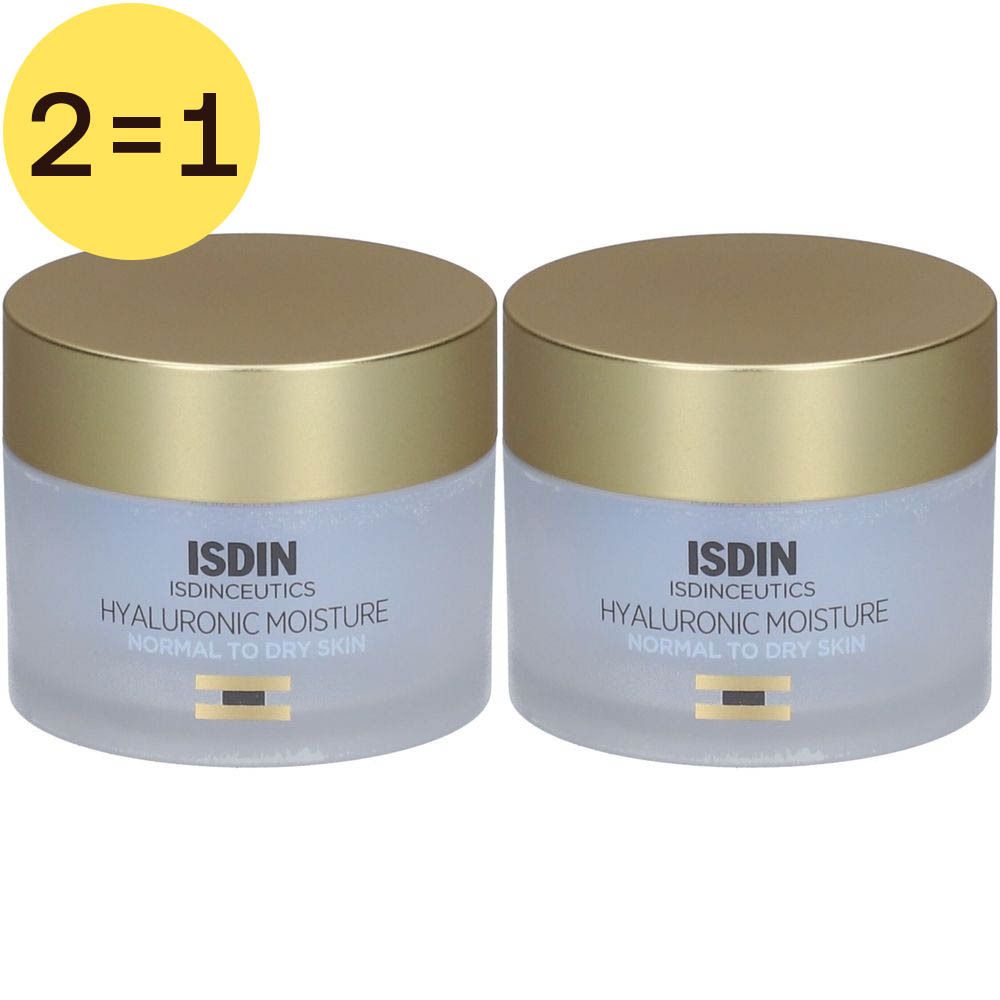 Twee potten met gouden deksels. Opschrift: ISDIN Isdinceutics Hyaluronic Moisture. Voor normale tot droge huid.