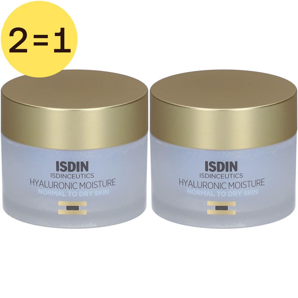 Twee potten met gouden deksels. Opschrift: ISDIN Isdinceutics Hyaluronic Moisture. Voor normale tot droge huid.