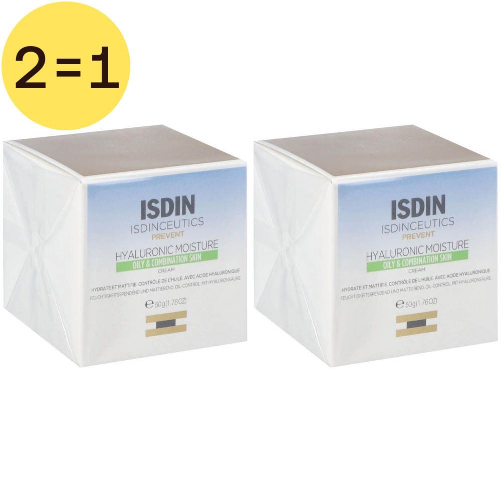 Twee vierkante dozen met ISDIN-logo en productnaam. Opschrift: Hyaluronic Moisture, voor vette en gemengde huid. Geel 2=1 symbool.