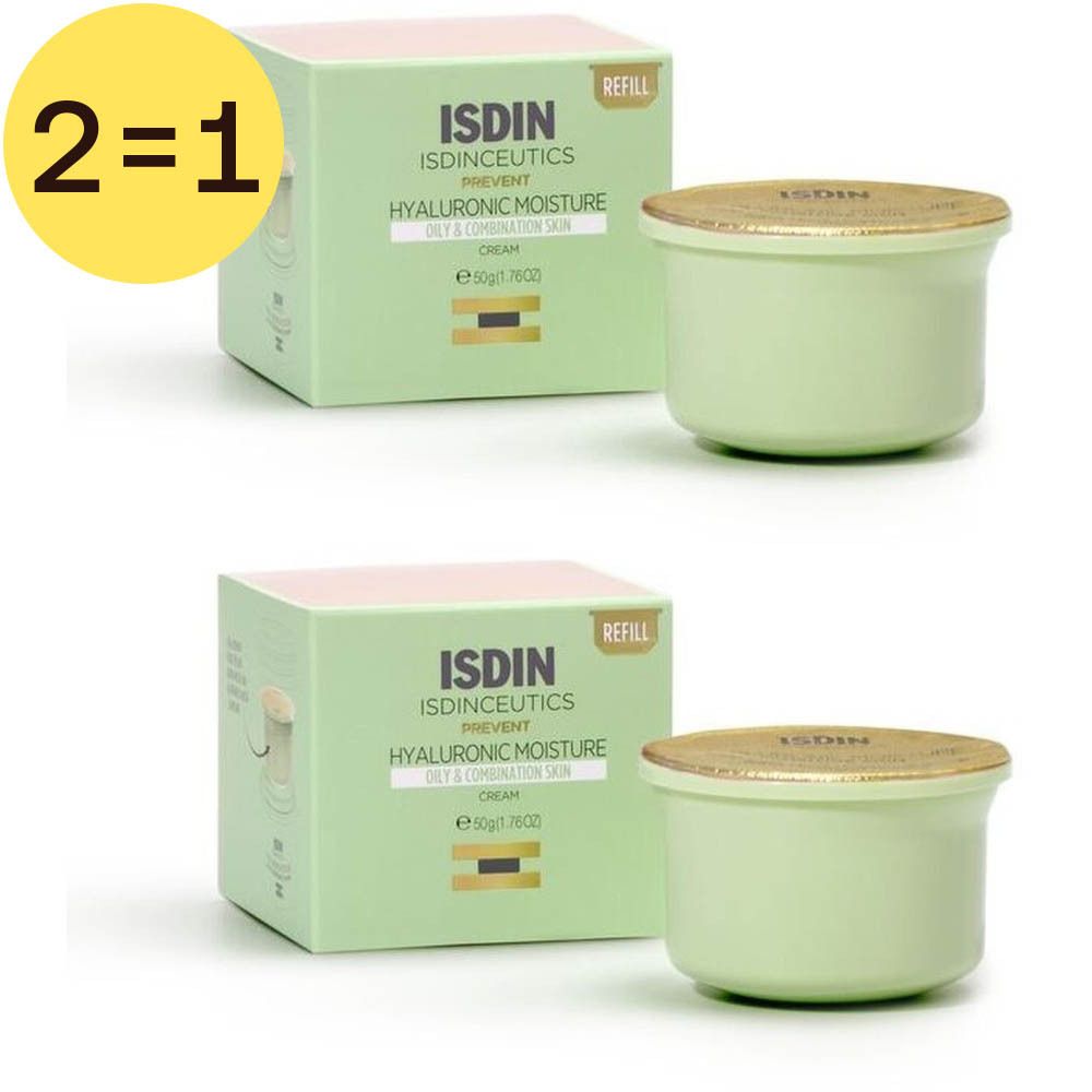 Twee groene crèmetubes met gouden deksels en twee groene dozen met productinformatie. Op de dozen staat "ISDIN" en "2=1".