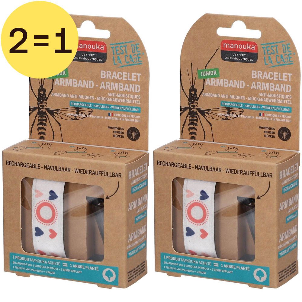 Twee Manouka Junior Anti-Moustiques armbanden in kartonnen verpakking. Hart- en cirkeldesign. Opschrift 2=1.