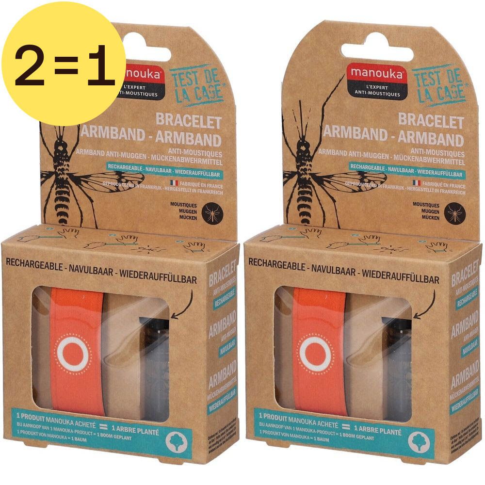Twee oranje Manouka armbanden in kartonnen verpakking. Tekst: "Anti-Moustiques", "Rechargeable". 2 voor 1.