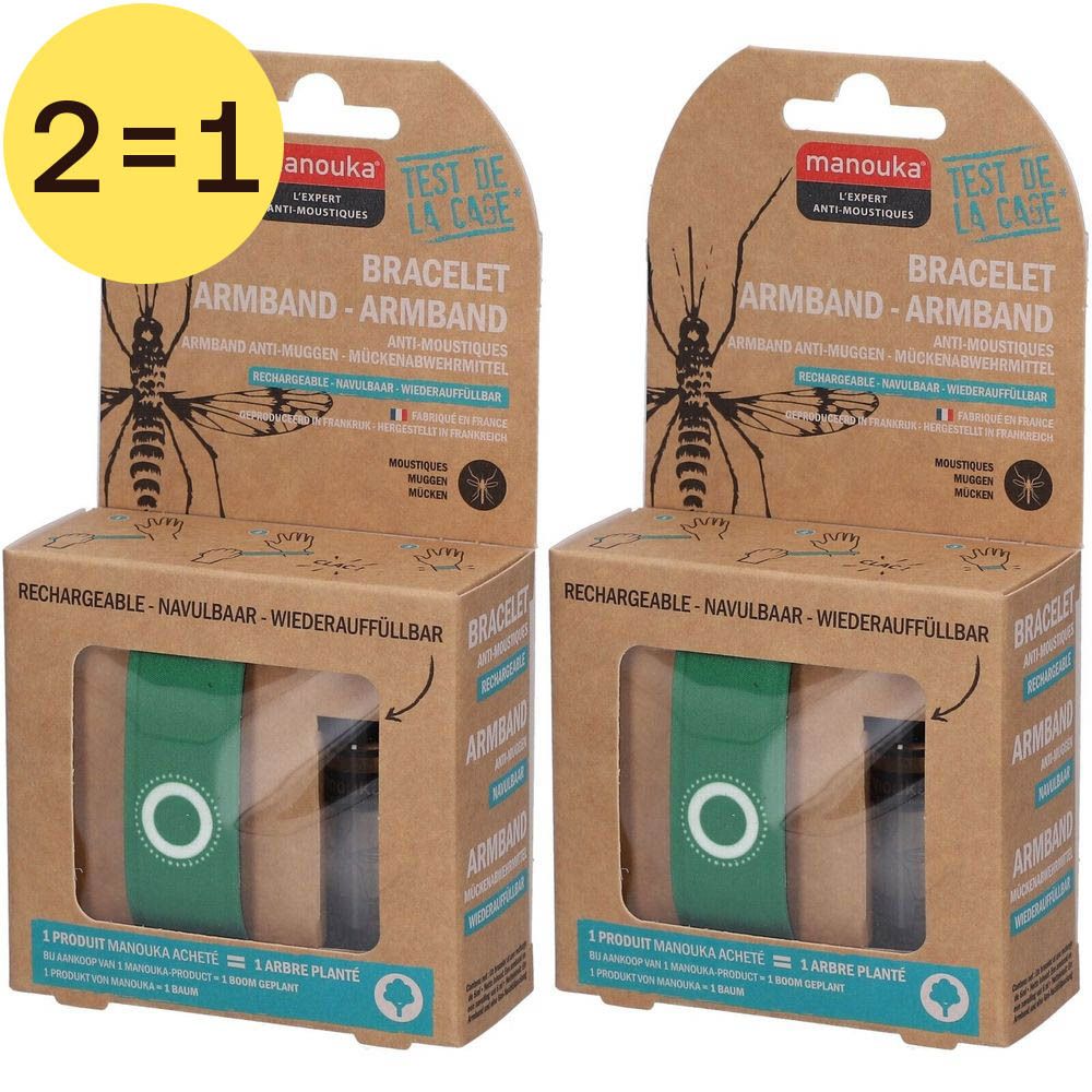 Twee groene en zwarte armbanden in verpakking. Tekst: "Bracelet Armband". 2=1 sticker.